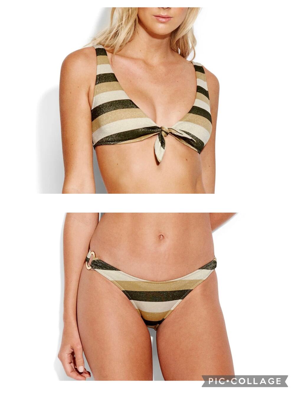 Seafolly Sunset Stripe Bikini Swimsuit Tie Front Bikini Top Ring High Cut Bottom